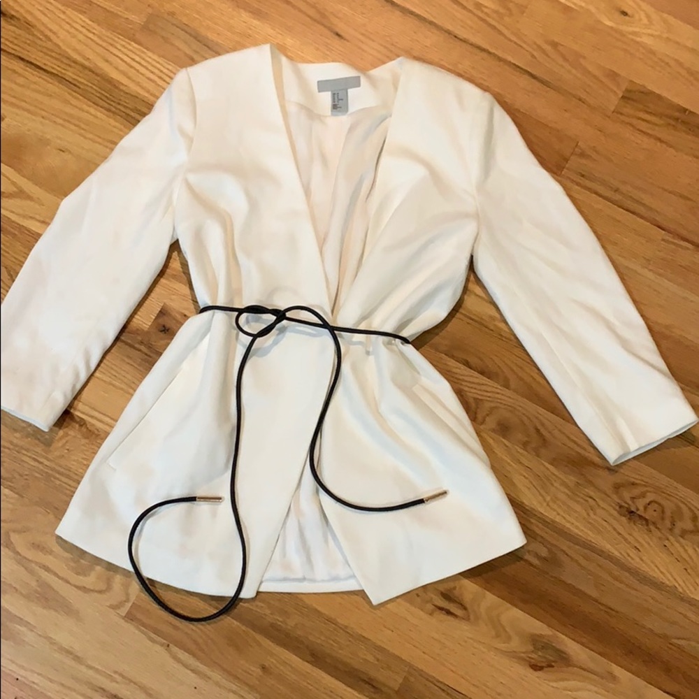 White Blazer with black faux leather tie